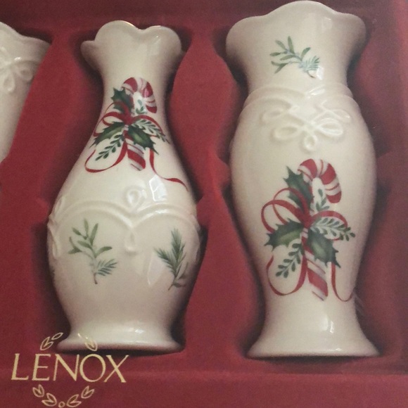 Vintage Lenox Porcelain 3 Pc Vase Gift Set Christmas Candy cane Rare - Picture 3 of 3